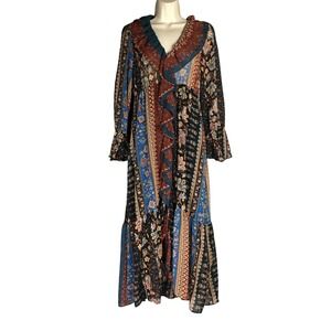 ZARA Maxi Dress M Boho Patchwork Floral Paisley Ruffle Chiffon Blue Rust Black